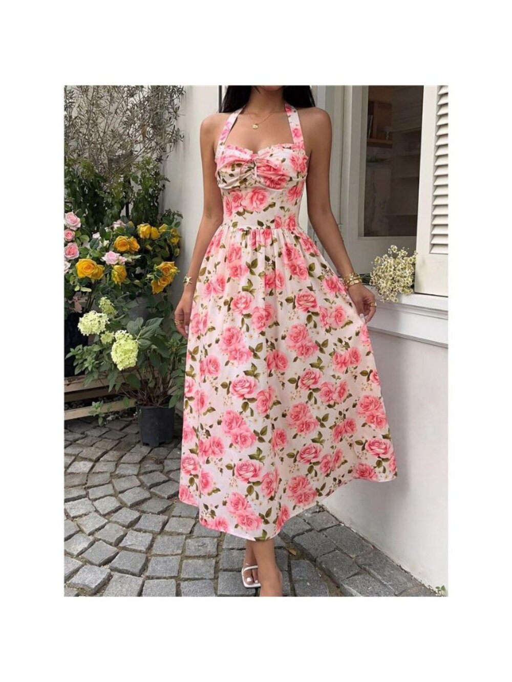 Floral Print Halter Neck Midi Dress